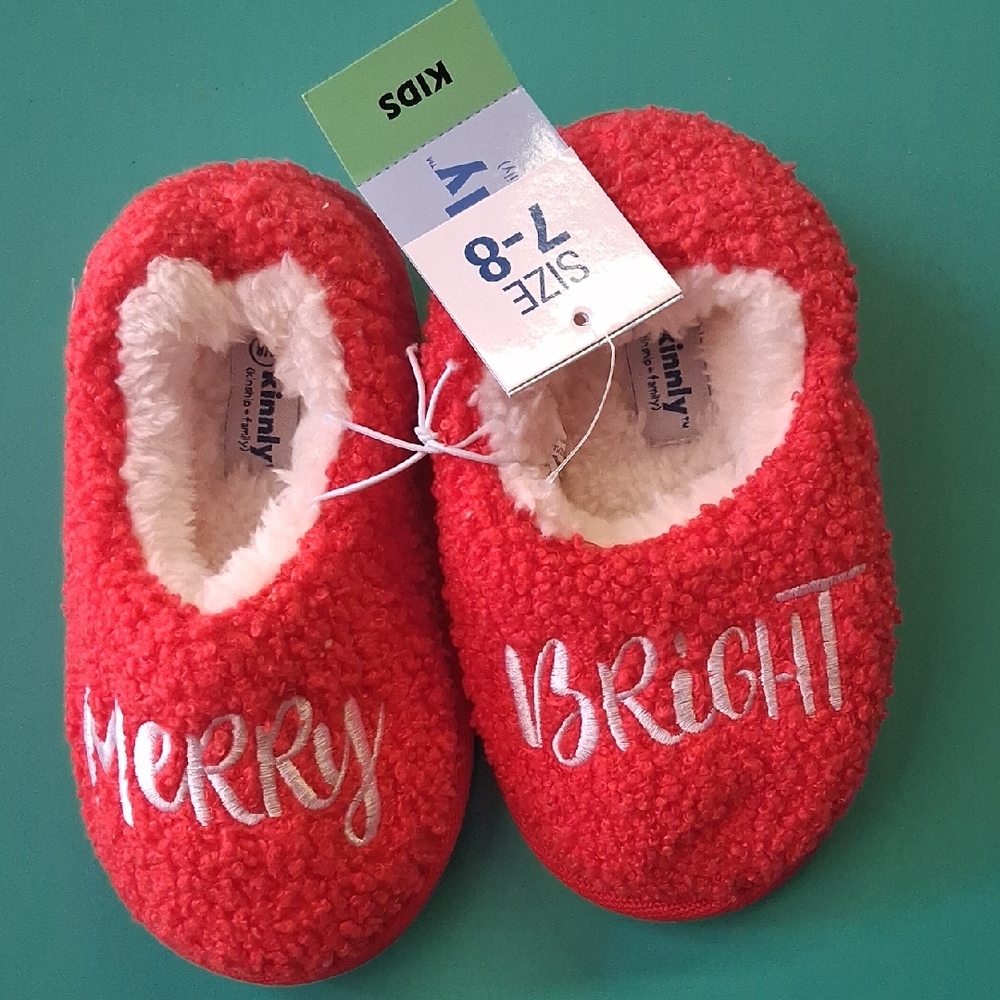 Red Kids Slippers with Merry and Bright Embroidery